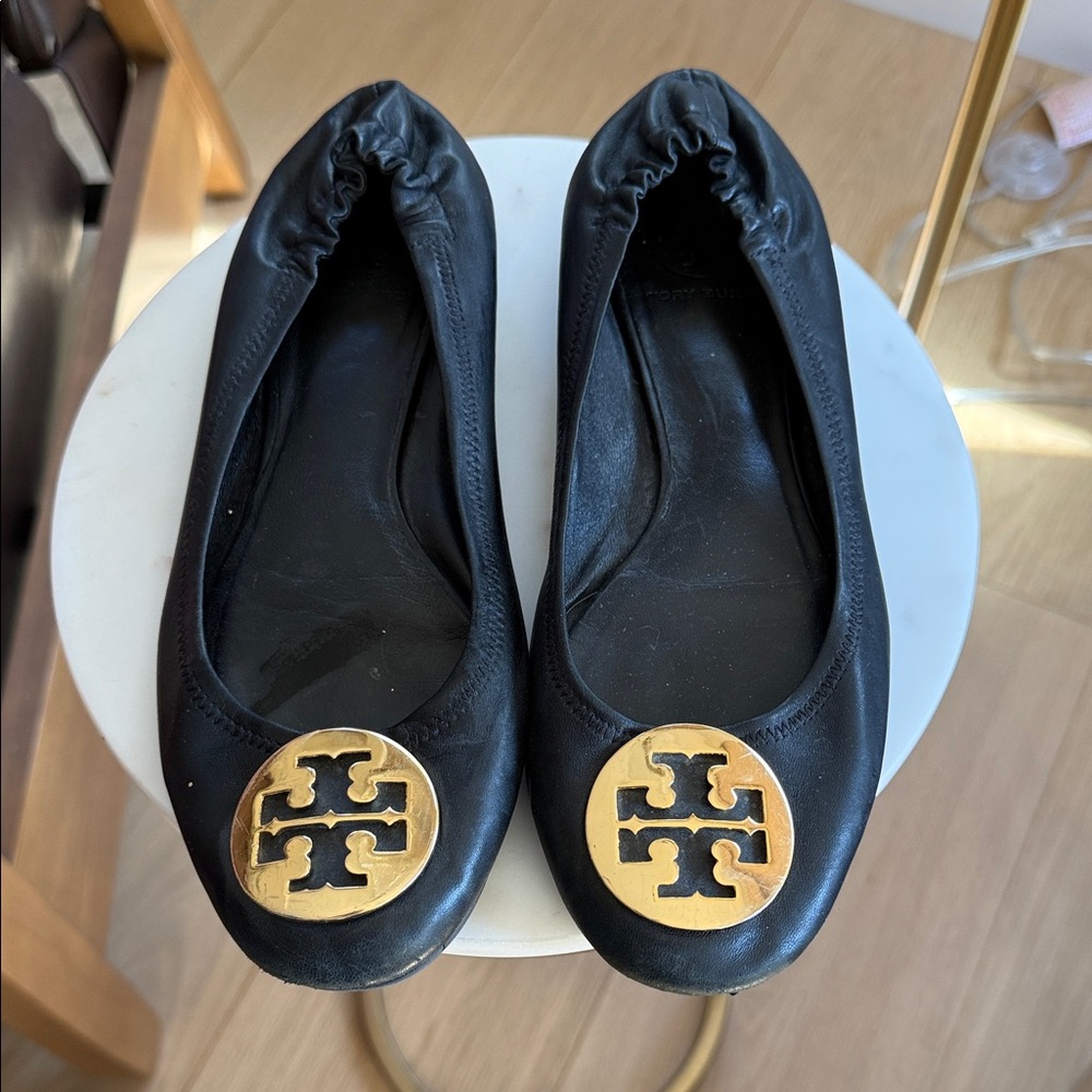 Tory Burch Black Leather Flats with Gold Emblem